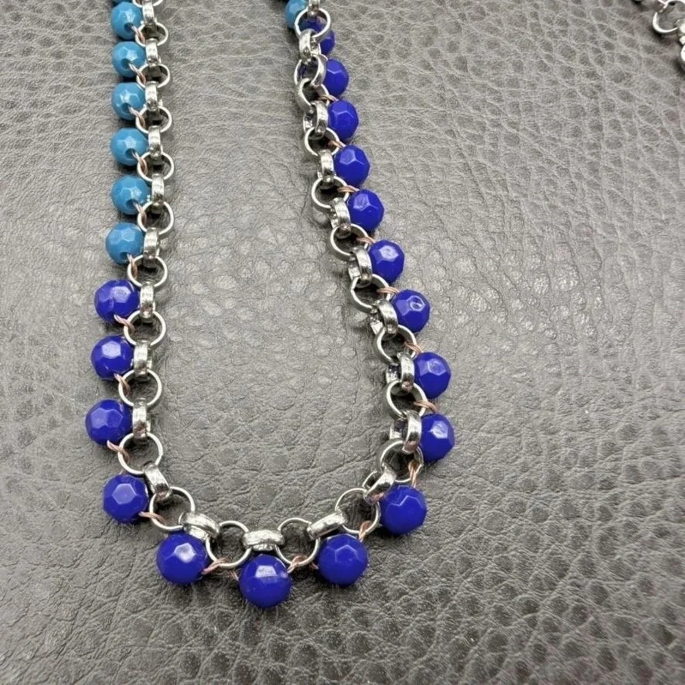 Lia Sophia Beaded Chain Necklace Silver Tone Blue Brown Faceted Beads 36 Inch